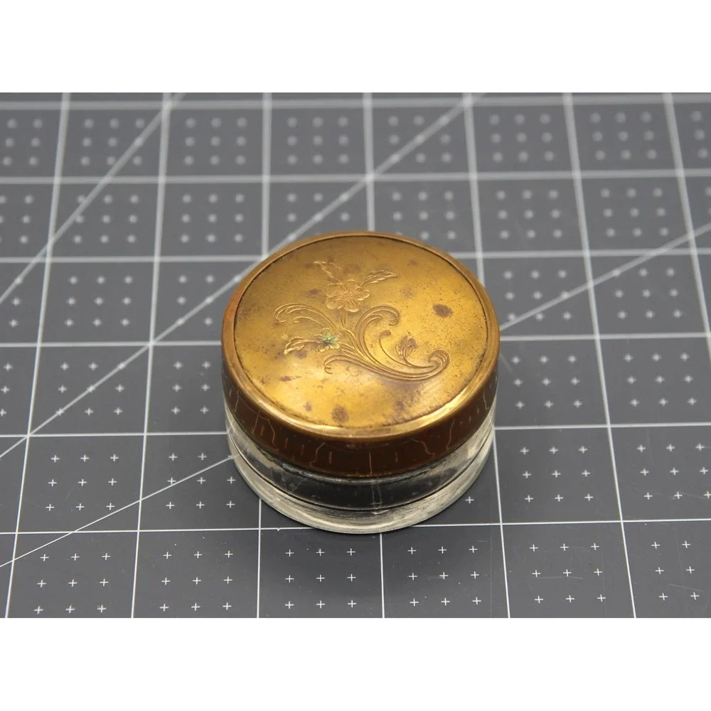 Vintage Glass Vanity Jar Brass Floral Lid Small Trinket Box Powder Pot 2 Inch